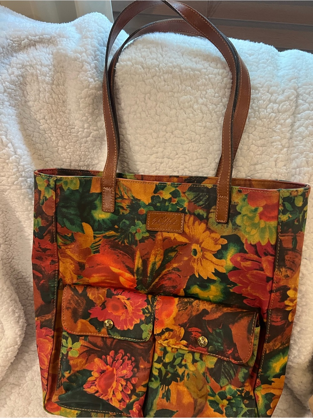 Floral Canvas Tote Bag with Brown Leather Straps